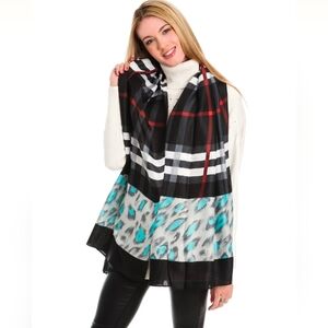 RODIER Paris Burberry-style Plaid Check Animal Print Scarf 32" X 68"